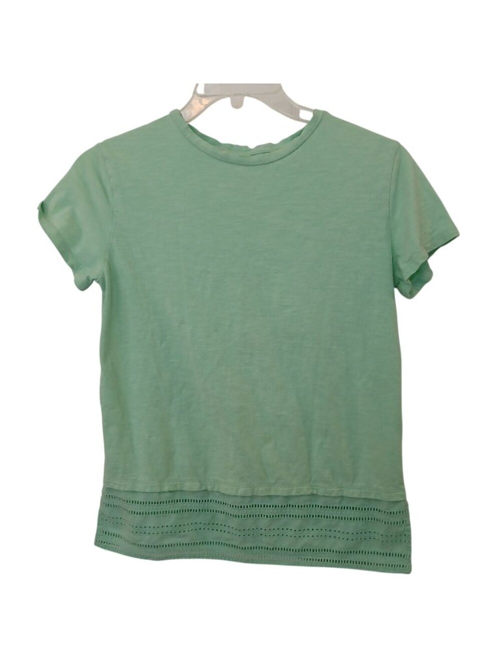 St. Johns Bay Womens S Shirt Green Short Sleeve Cotton Top Eyelet Hem TShirt D42